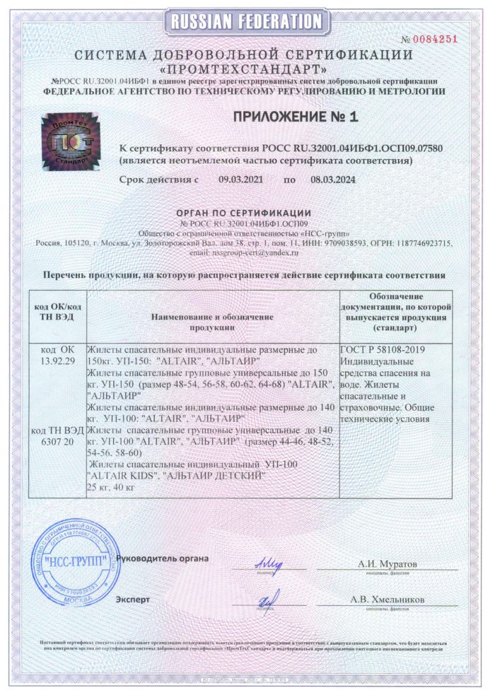 Сертификат соответствия Альтаир жилеты